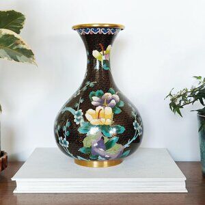 10 Inch Chinese Cloisonné Vase With Flowers On A Black Background